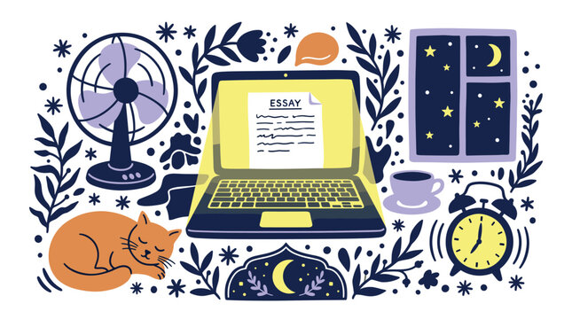 Night and study vector icons with laptop, cat and clock for presentation design in colorful illustration style