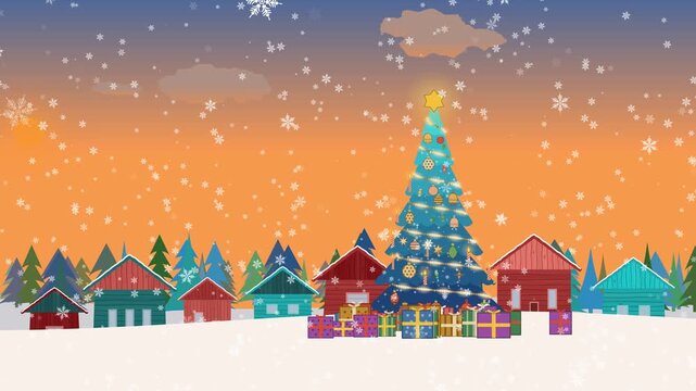 festive blue Christmas tree loopable animation, snowy xmas village under a warm winter sunset