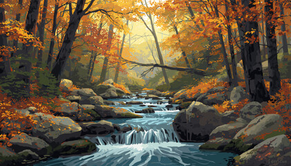 A serene autumn forest scene with a vibrant river flowing over rocks and small cascades, surrounded by trees with golden and orange foliage under a soft light. © devi
