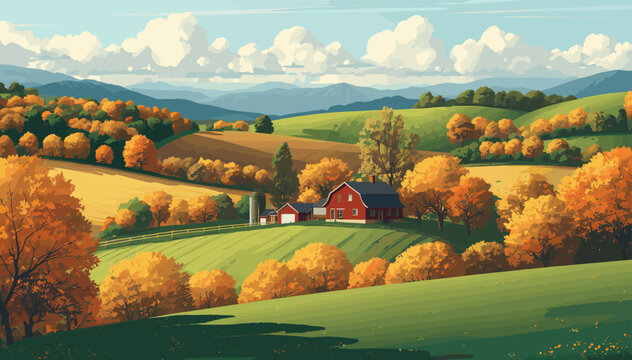 Vibrant autumn landscape with a red barn nestled among rolling hills and colorful fall foliage under a clear sky.