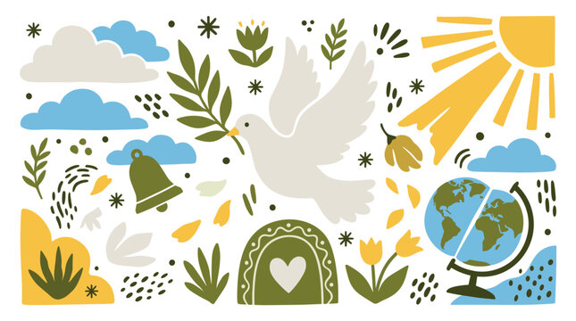 peace and ecology vector icons with dove, globe and sun for infographic in flat vector art