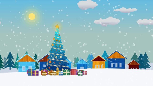 A festive decorated Christmas tree stands in a colorful snowy village surrounded by holiday gifts.
