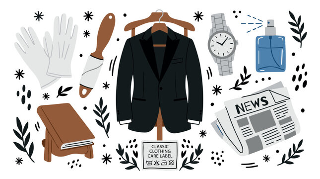 Fashion and clothing care design icons with gloves, suit jacket and lint roller for branding in flat illustration style