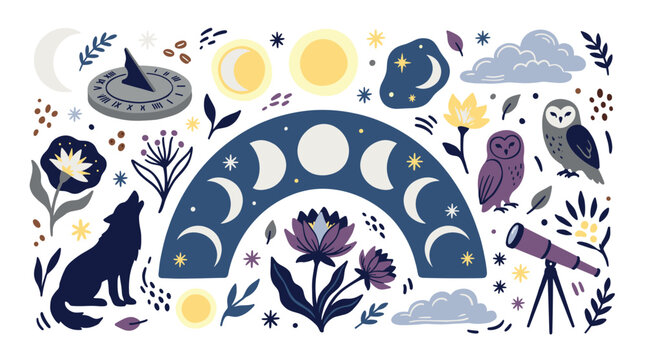 Astronomy and night sky concept icons with moon phases stars telescope for presentation design in colorful vector art