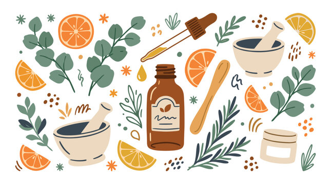natural remedies and herbal cosmetics design icons with dropper, leaves and mortar for branding in vector art