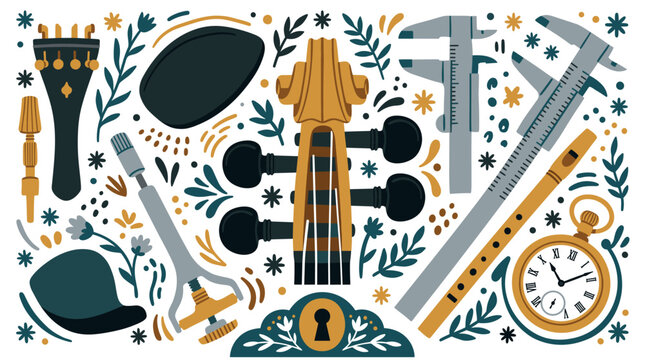 Music and craftsmanship concept icons with violin neck, calipers and pocket watch for infographic design illustration
