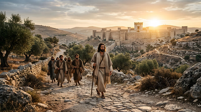 Jesus and his followers walking on a stone path to jerusalem