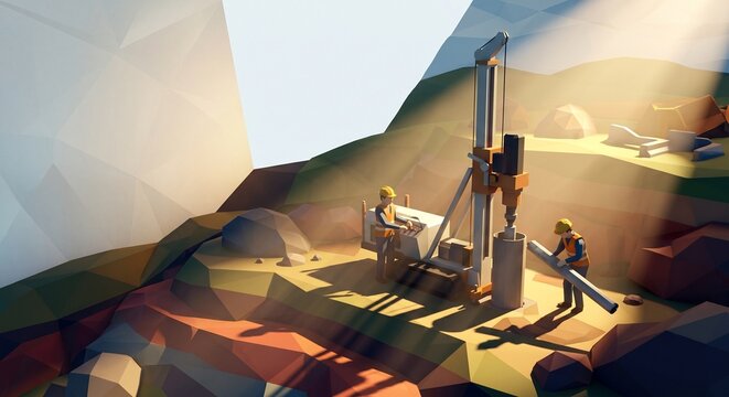 Geotechnical core drilling rig taking soil samples in low poly 3D style with volumetric lighting and copy space