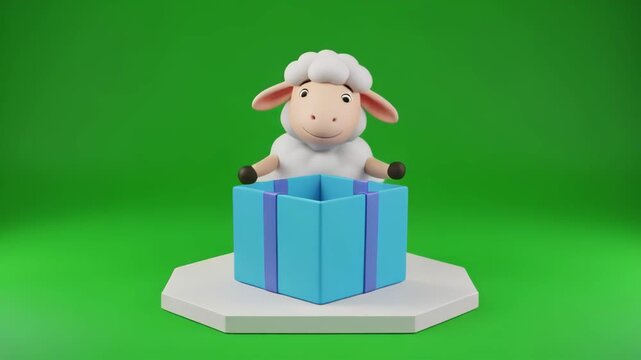 Cute Sheep Emerging from Gift Box with Blue Ribbon on Green Screen Background