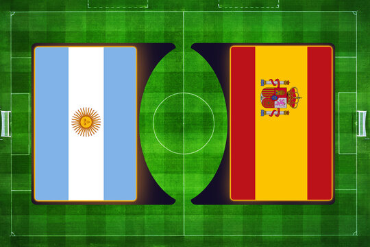 Argentina and Spain flags in glowing frames side-by-side over a green soccer pitch background with goalposts, representing an upcoming international football match rivalry