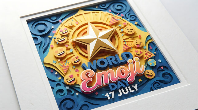 World emoji day 3D paper cut art frame with star and colorful icons, creative