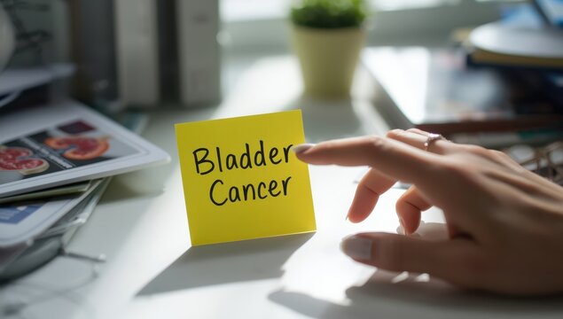 A sticky note on the desk contains information about Bladder Cancer.