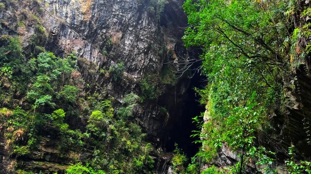 Steep Jagged Walls Covered With Vegetations In Longshui Gorge (Wulong Difeng), Wulong District Of Chongqing, China. Tracking Shot
