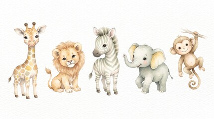Obraz premium Cute watercolor safari animal collection, adorable baby jungle creatures, charming wildlife illustration set for nursery decor and children's designs