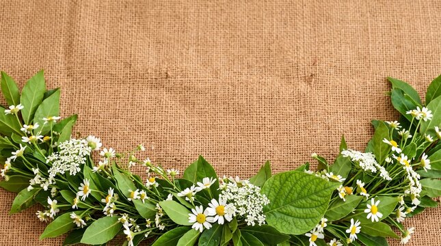 Karma Festival background, a beautiful composition of fresh Karam leaves and white field flowers framing the bottom