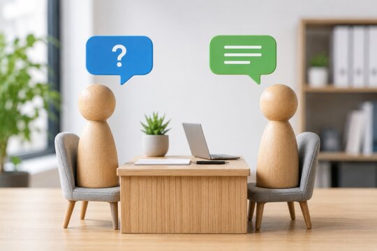 Wooden figurines sitting at desk with speech bubbles representing communication concepts.