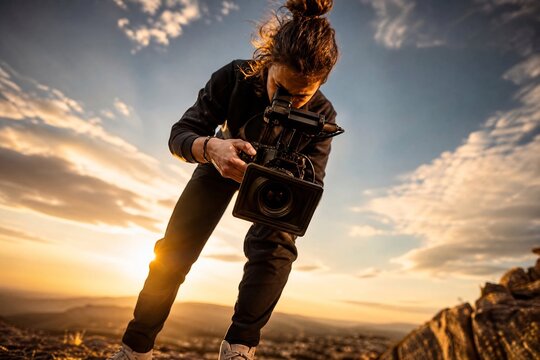 Filmmaker shooting from low angle with camera at sunset