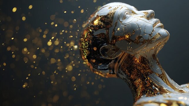 Abstract digital head portrait with golden particles, representing artificial intelligence, futuristic technology, and human evolution concept