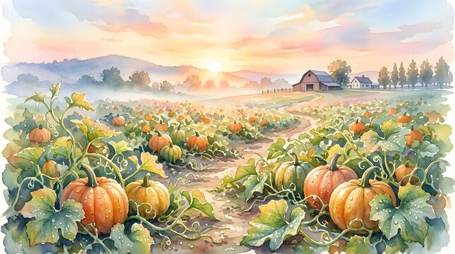 Harvesting ripe orange pumpkins in a rural farm field at golden sunrise