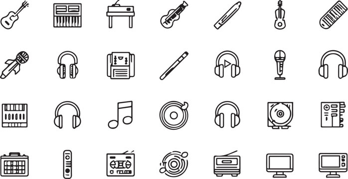 Musical instruments and audio studio icons set Music production concert and sound recording line icon collection Guitar keyboard synthesizer piano headphones microphone and DJ turntable outli