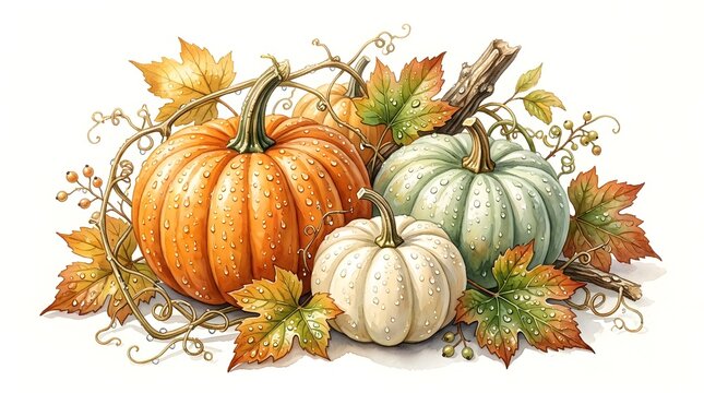 Arranging colorful pumpkins with autumn leaves on a white background style
