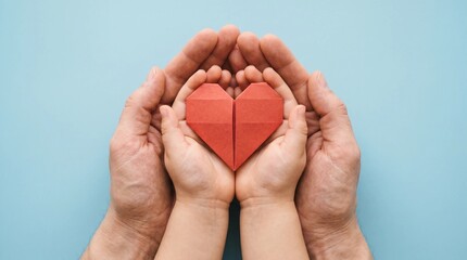 Close up of an adult pair of hands gently holding a small child pair of hands containing a bright red folded paper heart on blue background.