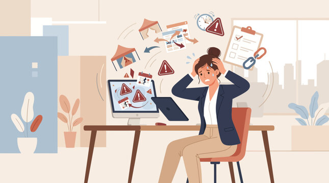 Overwhelmed Woman Drowning in Work Tasks and Computer Errors