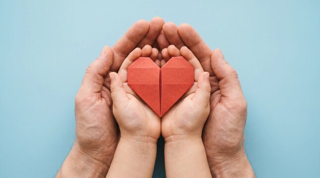 Close up of an adult pair of hands gently holding a small child pair of hands containing a bright red folded paper heart on blue background.