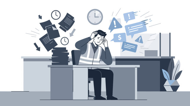 Stressed Office Worker Overwhelmed by Tasks and Notifications