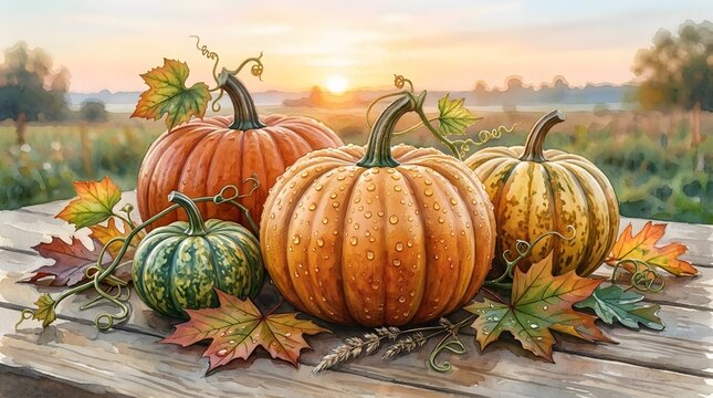Fresh Pumpkins Resting on a Wooden Table in a Sunny Autumn Field Setting
