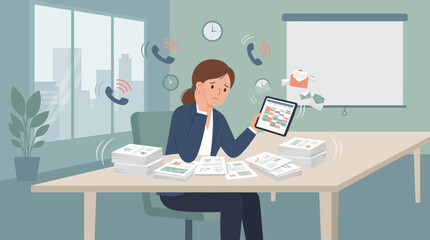 Fototapeta premium Stressed business woman overwhelmed with tasks, phone calls and emails in office