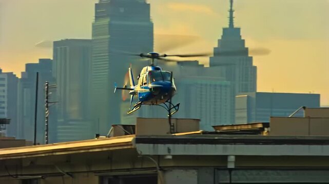 Helicopter flies near downtown skyline above city rooftops, urban air mobility, rooftop transfer planning, executive transport, emergency response access, media coverage, and aviation logistics.