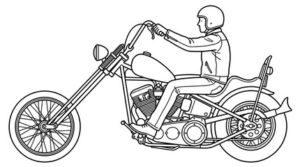Man riding a custom chopper motorcycle in line art style © zebra