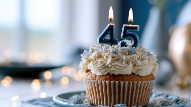 Celebratory cupcake topped with creamy frosting, silver sprinkles, and candle numbers marking a special 45th anniversary or birthday occasion indoors with soft light