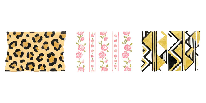 Set of three trendy seamless patterns with leopard print flowers and geometric shapes