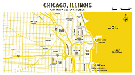 Chicago Illinois City Map Vector Graphic with Lake Michigan and Grid Layout © zebra