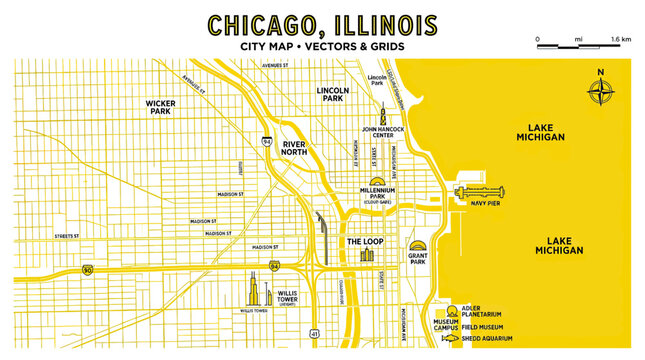 Chicago Illinois City Map Vector Graphic with Lake Michigan and Grid Layout