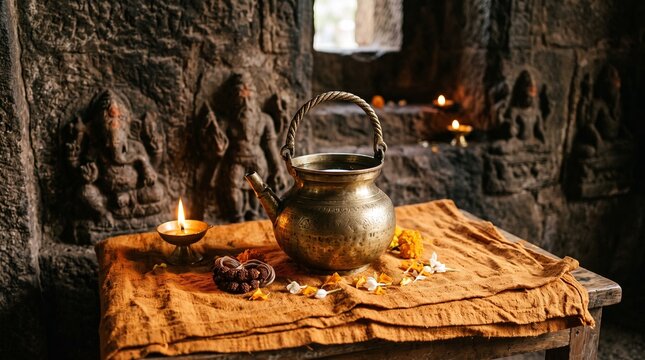 Rishi Panchami, a traditional brass water pot kamandalu used by ascetics resting on a textured saffron-colored fabric