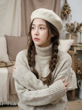 Young Woman Wearing a Cozy Knit Sweater and Beret in a Soft Neutral Toned Aesthetic Interior