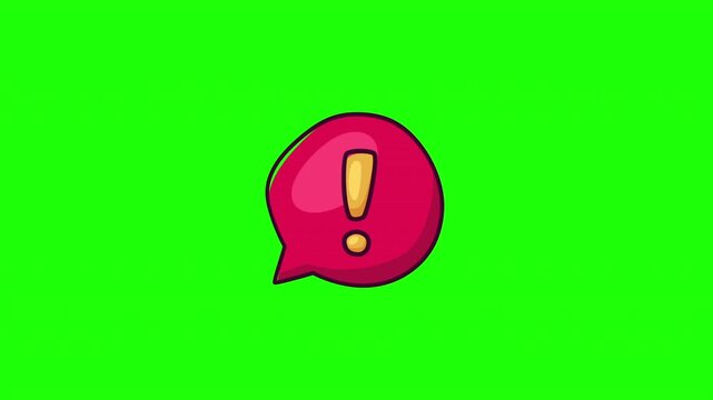 Animated exclamation mark warning icon in speech bubble, alert attention symbol, flat doodle style, green screen and white background