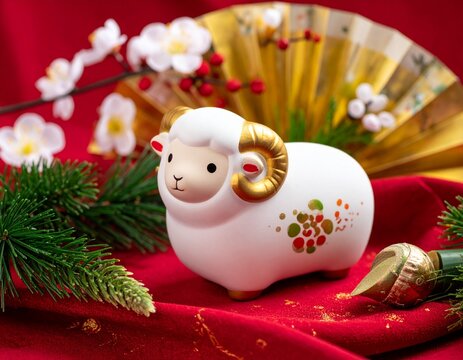 Japanese zodiac sheep ornament with pine, bamboo and plum on red cloth