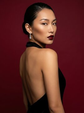 Elegant Asian Woman in a Sophisticated Black Evening Gown Against a Deep Burgundy Background