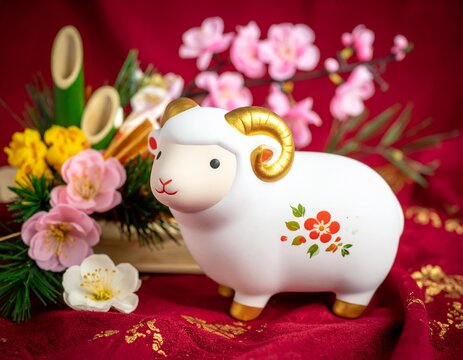 Japanese zodiac sheep ornament with pine, bamboo and plum on red cloth