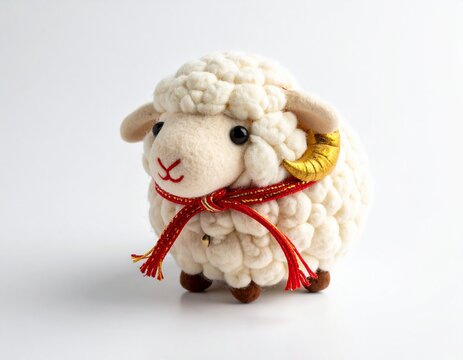 Cute felted wool sheep figurine with red ribbon, New Year zodiac charm