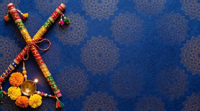 Sharad Navratri background, two pairs of decorated wooden dandiya sticks crossed cleanly in the corner, background of a deep blue textured paper background