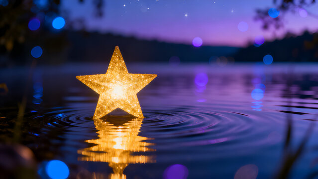 Golden Star Reflecting on Serene Lake at Night with Dreamy Bokeh Lights &ndash; Magical Celestial Landscape and Fantasy Background