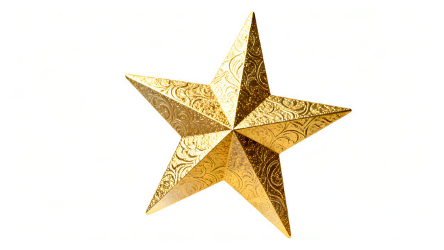 Shimmering Gold Five Pointed Star with Intricate Texture Isolated on White Background &ndash; Luxury Metallic Symbol and Premium Decorative Element