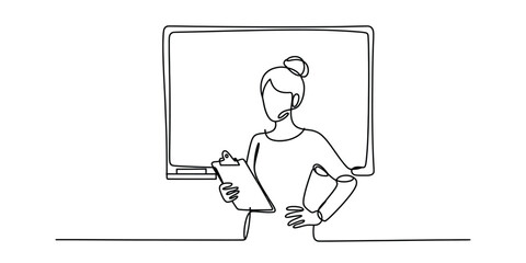 Continuous line drawing of a woman teacher standing in front of a classroom blackboard holding a clipboard Vector, illustration © Nippon_Art Gallery