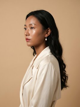 Portrait of an Elegant Young East Asian Woman with Radiant Skin Against a Neutral Background