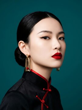 Elegant Asian Woman in Traditional Black Silk Cheongsam with Vibrant Red Lips and Gold Earrings